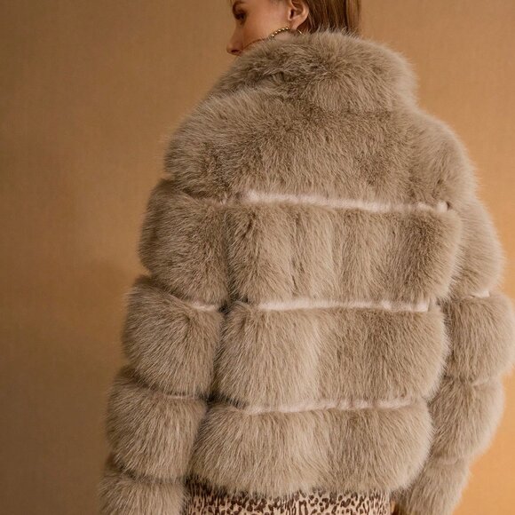 Khaki Casual Women's Stand Collar Ribbed Faux Fur Coat - Picture 2 of 7